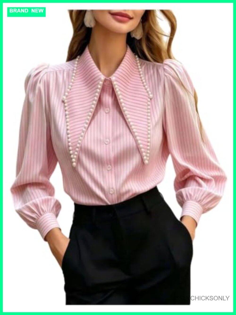 Satin Striped Button Down Shirt Pearl Pointed Collar Work Blouse